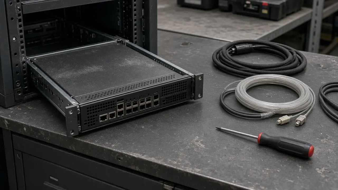 A technician’s empty workbench with a single server tray pulled out, cables coiled, and no faces or badges visible.