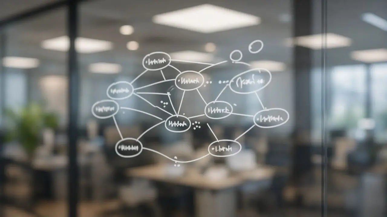 A Kubernetes-style cluster diagram drawn on a glass wall in a real office, photographed so the writing is out of focus.