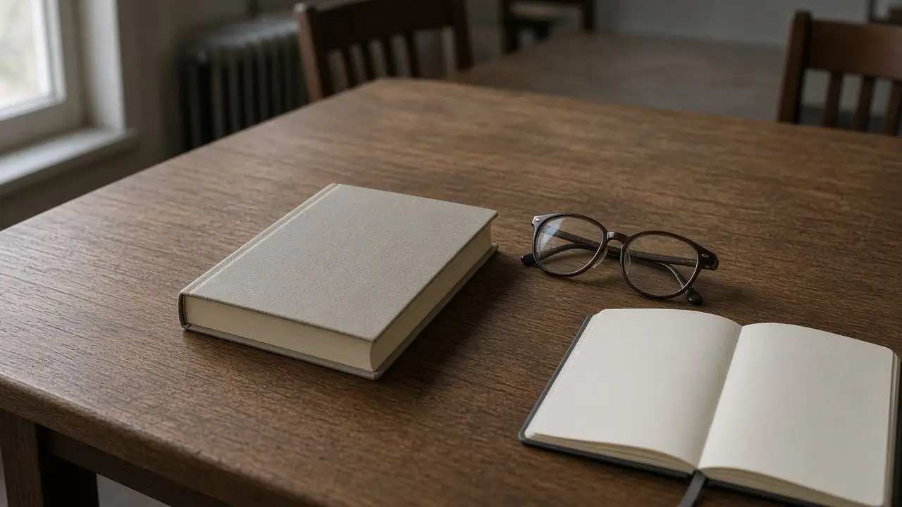 A reading room table with a printed journal, a pair of glasses, and a blank notebook, and no faces.