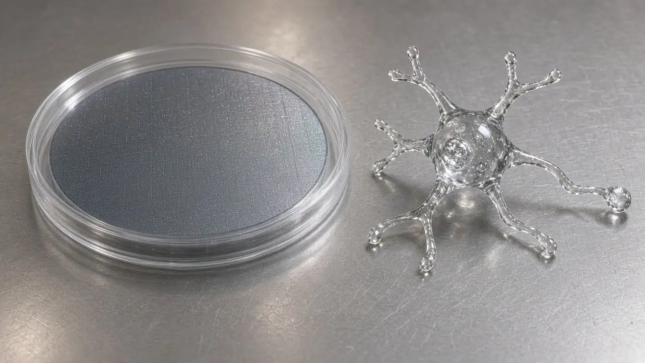 A silicon wafer in a clean-room case next to a glass model of a neuron, on a steel table with no logos.