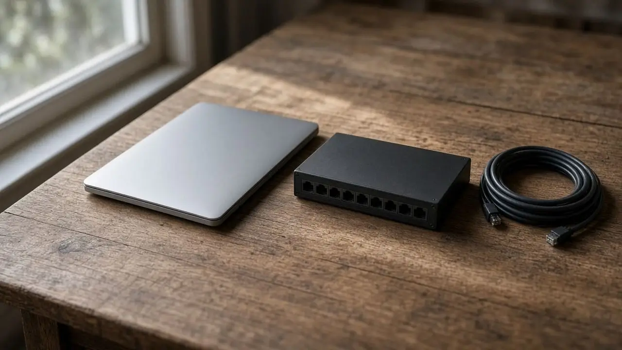 A closed laptop and a powered-down network switch on a wooden bench, with cables coiled and no readable labels or people.