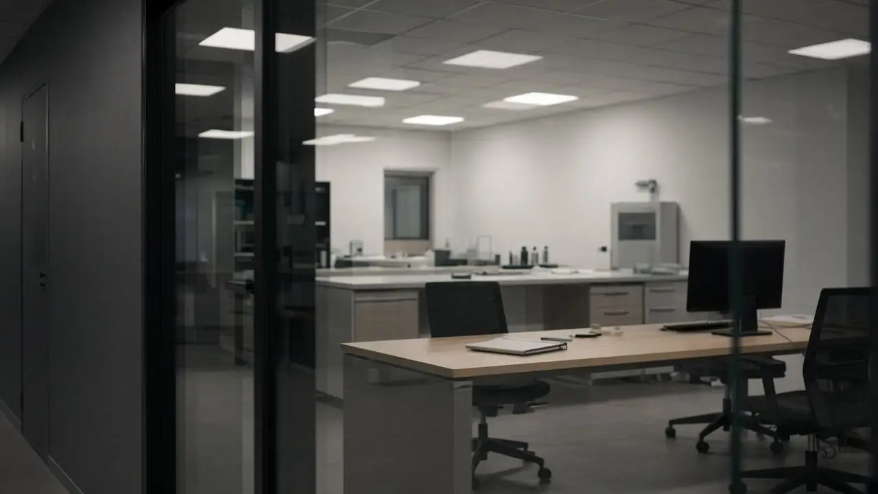 An empty glass-walled lab office with chairs pushed in and a monitor that is off, photographed from the corridor with no people or logos.