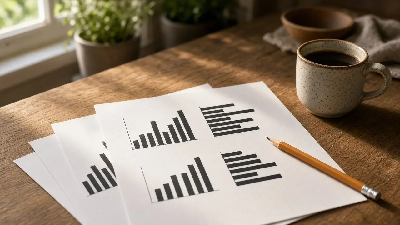 A kitchen table with printed bar charts, a pencil, and a coffee mug, and no people in the frame.
