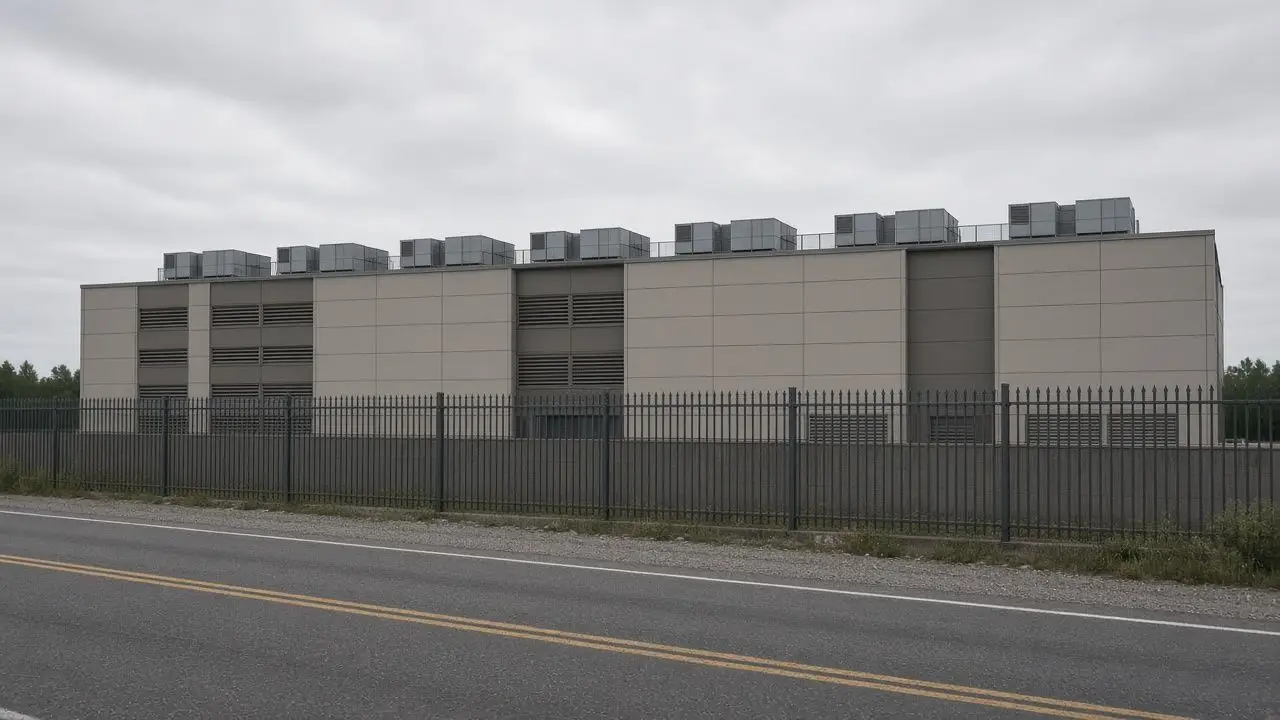 A fenced industrial building with cooling units on the roof, photographed from a public road with no signage and no people.