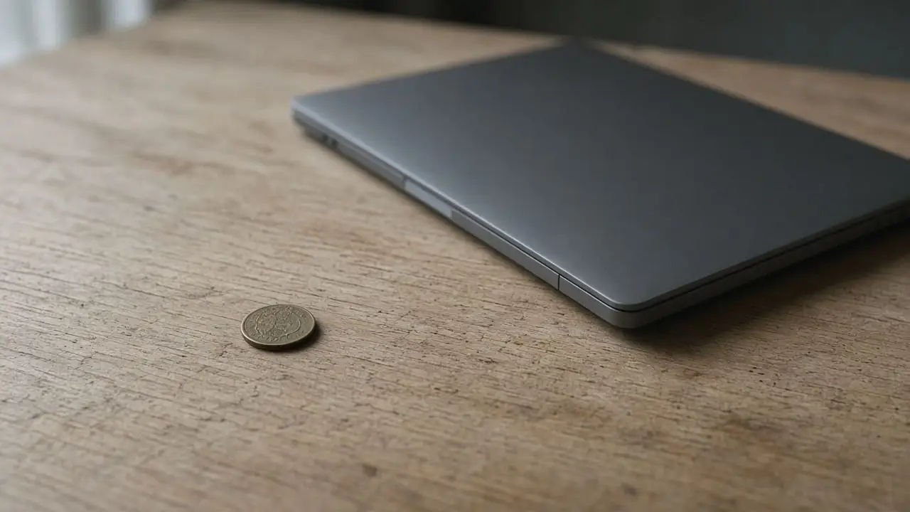 A single coin on a bare wood desk beside a closed laptop, the screen dark, with no people, logos, or readable keys.