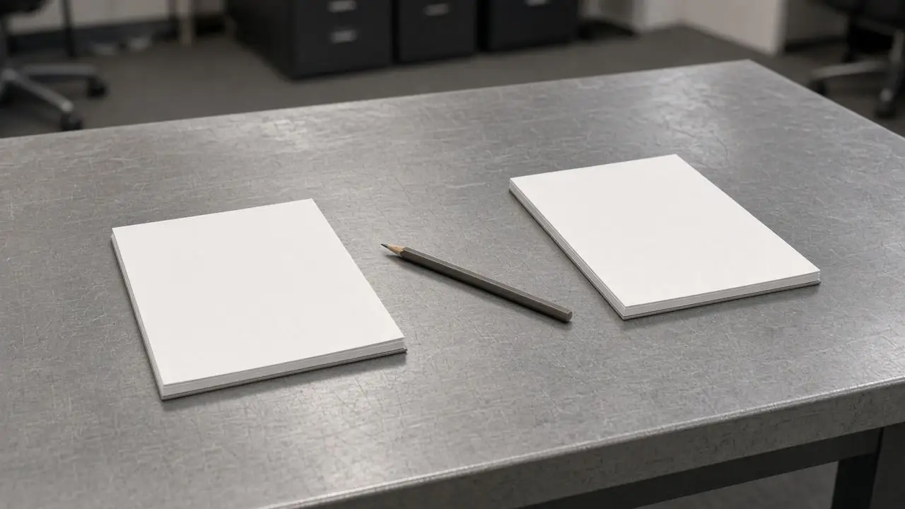Two blank notepads on a steel table, a pencil between them, in an empty office, with no writing, people, or logos.