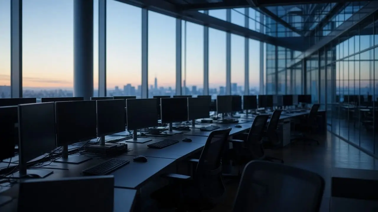 An empty modern trading floor at dawn with rows of dark monitors and glass walls, with no people or readable screens.