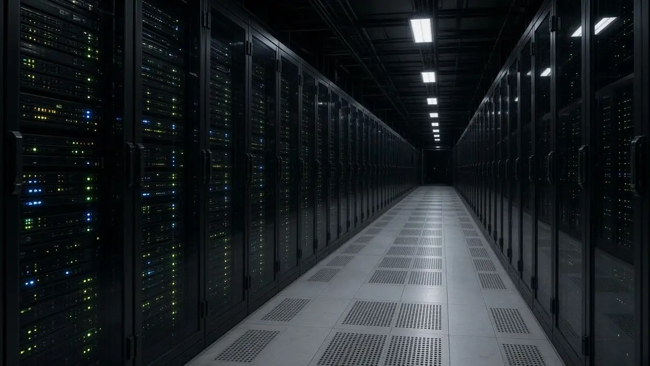 A long, empty server room aisle with blinking status lights and no people, logos, or readable labels.