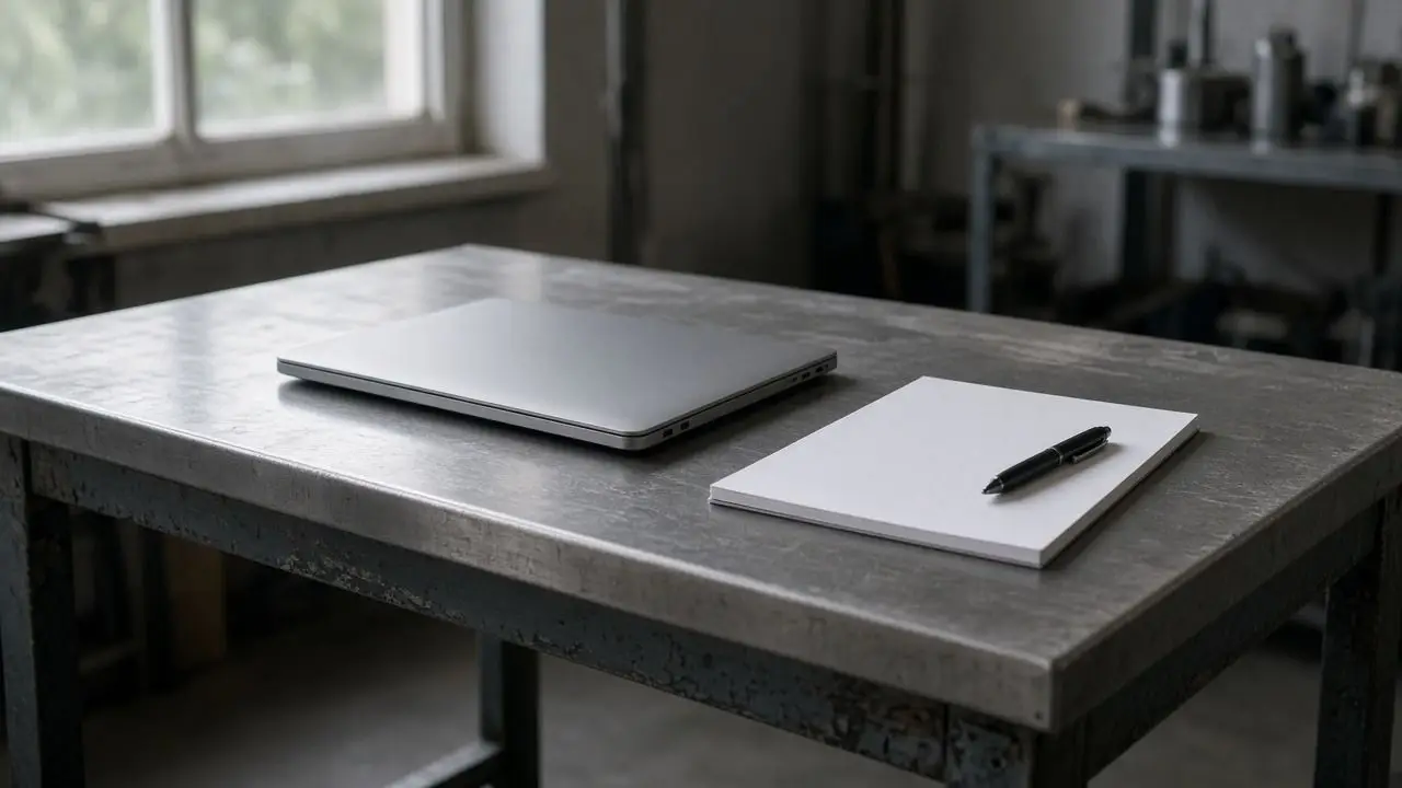 A closed laptop and a blank paper log on a metal table, with no readable writing, seals, or people.