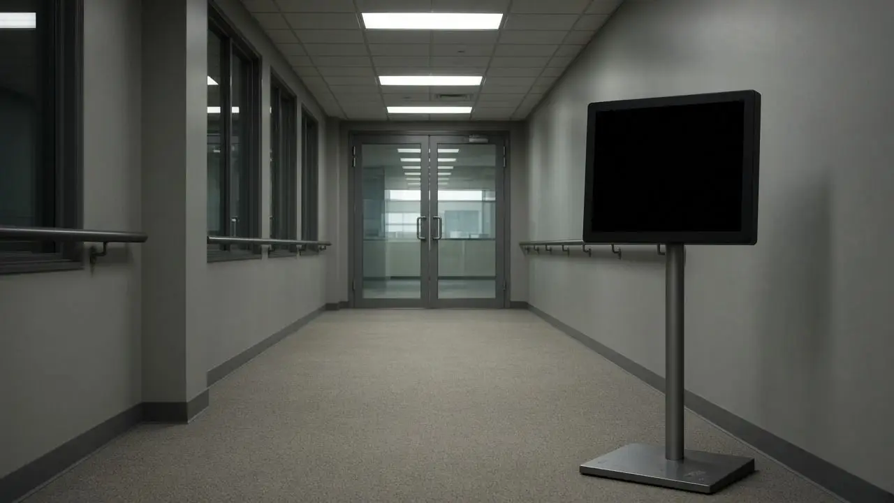 An empty office corridor with a glass door, a dark terminal, and no people, seals, flags, or readable signs.
