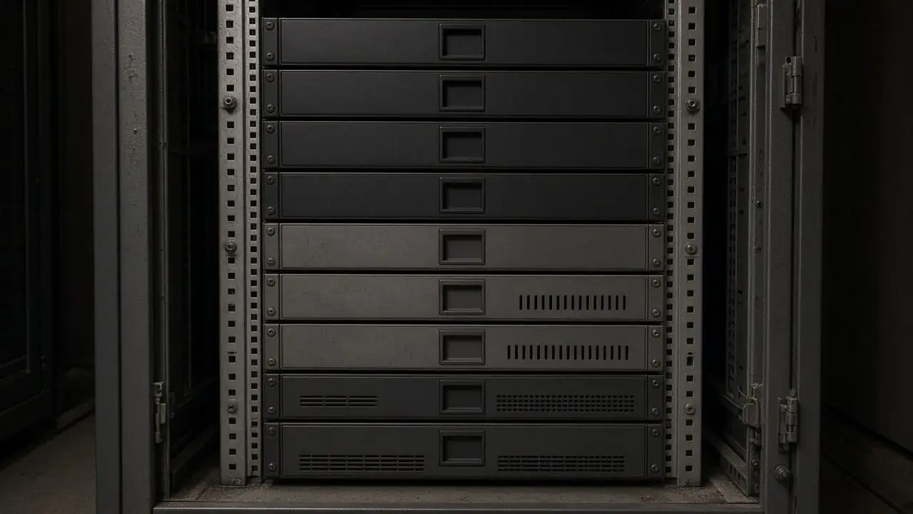 Unlabeled server units on an open rack, status lights dark, with no people, logos, or readable asset tags.