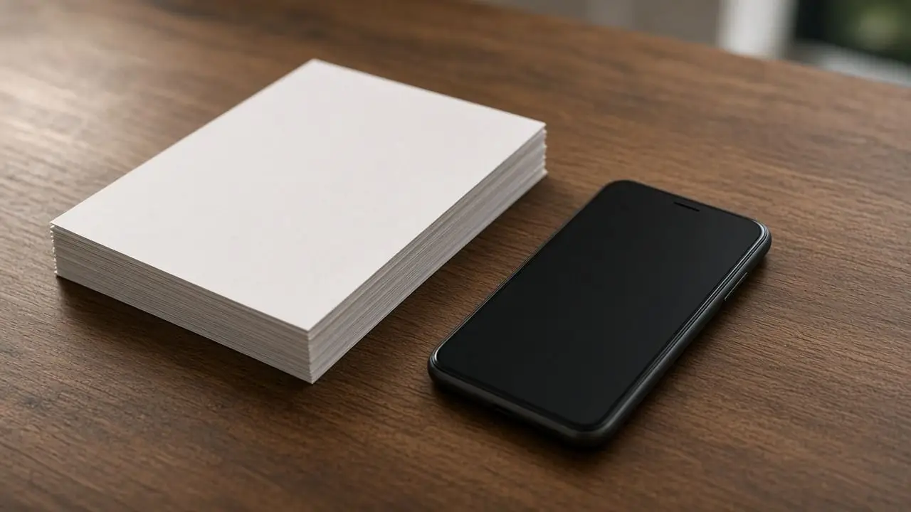 Printed pages face-down on a wood table beside a powered-off phone, with no readable text, logos, or people.