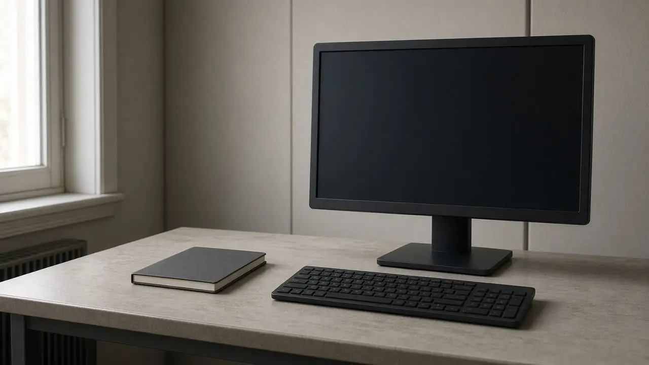 A powered-off workstation in an empty office, a blank notebook beside the keyboard, with no people, logos, or readable screens.