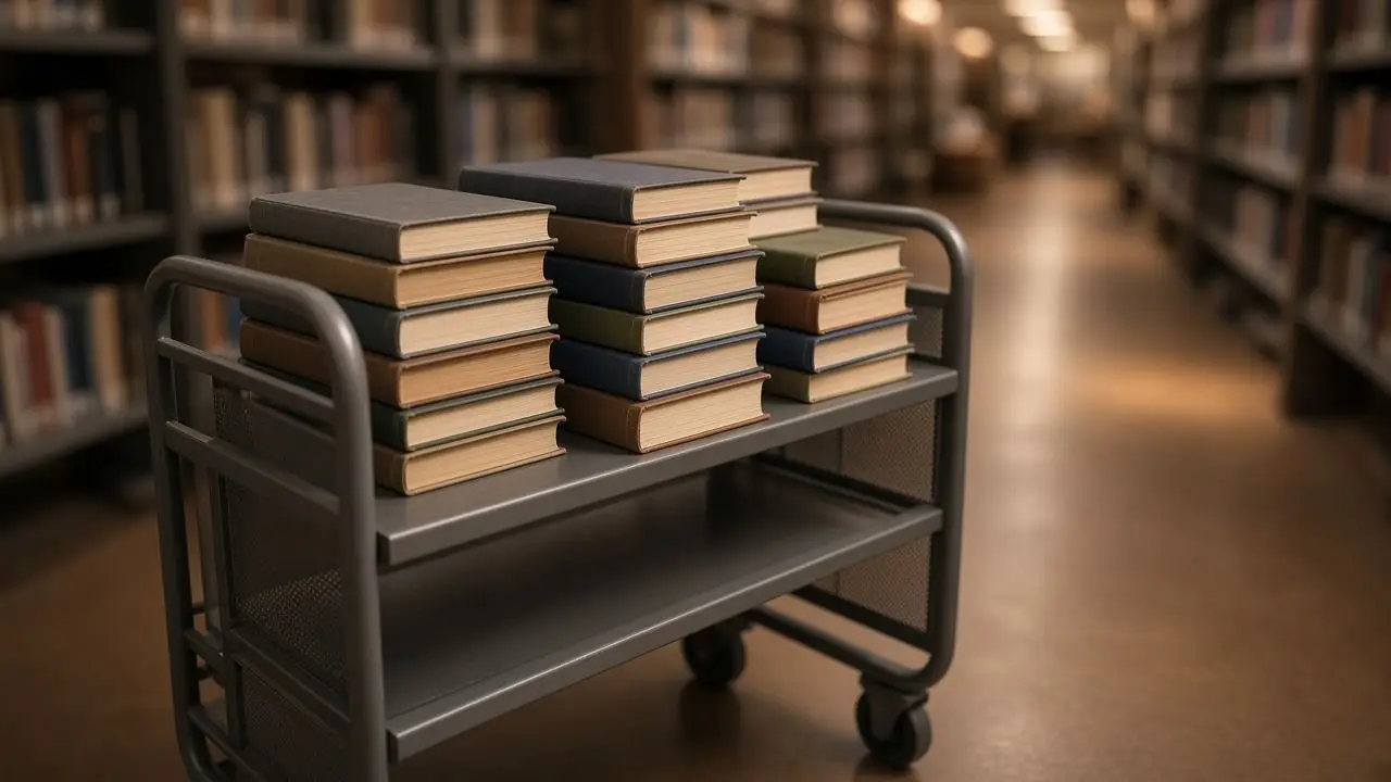 Stacks of closed journals on a metal library cart, spines out of focus, in an empty aisle, with no readable titles or people.