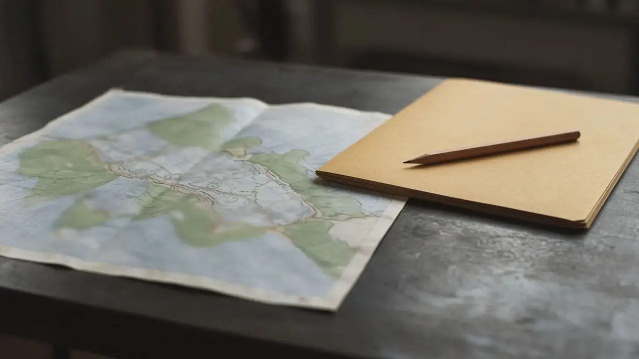 A blank paper map on a metal table with a closed folder and a pencil, and no writing, seals, people, or logos.