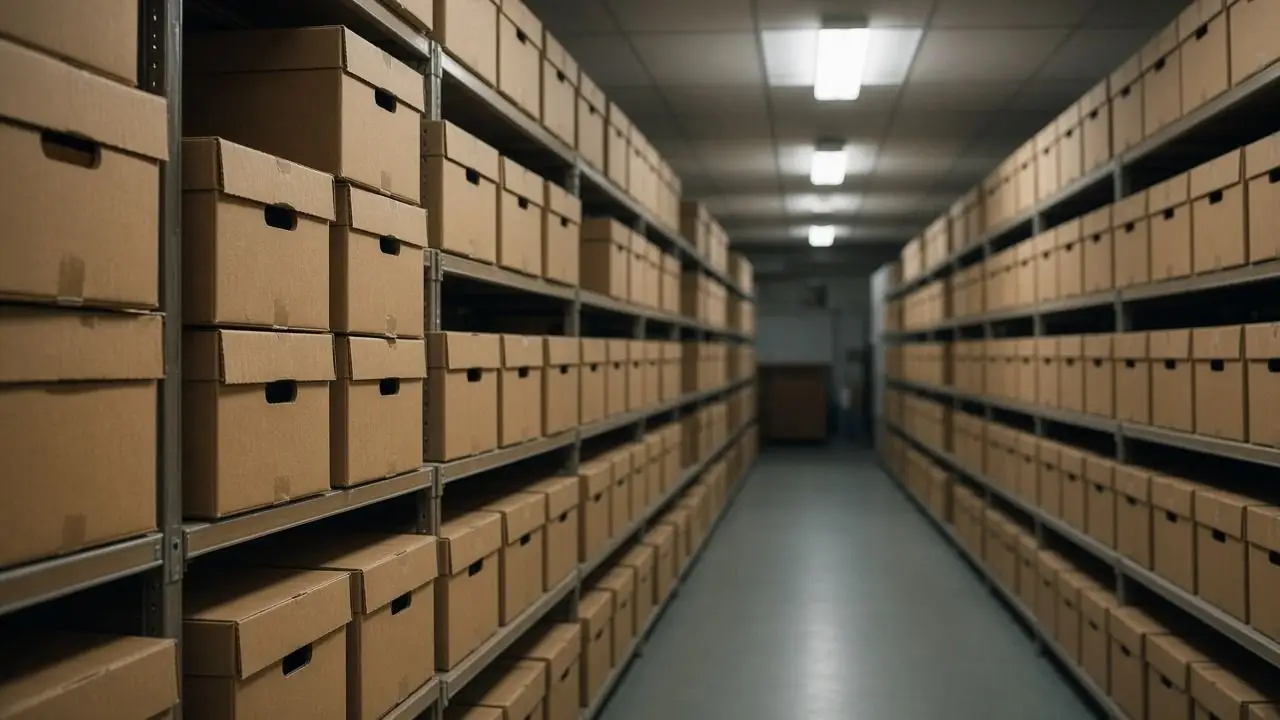 Stacks of closed file boxes in an empty records aisle, labels turned away, with no people, seals, or readable text.