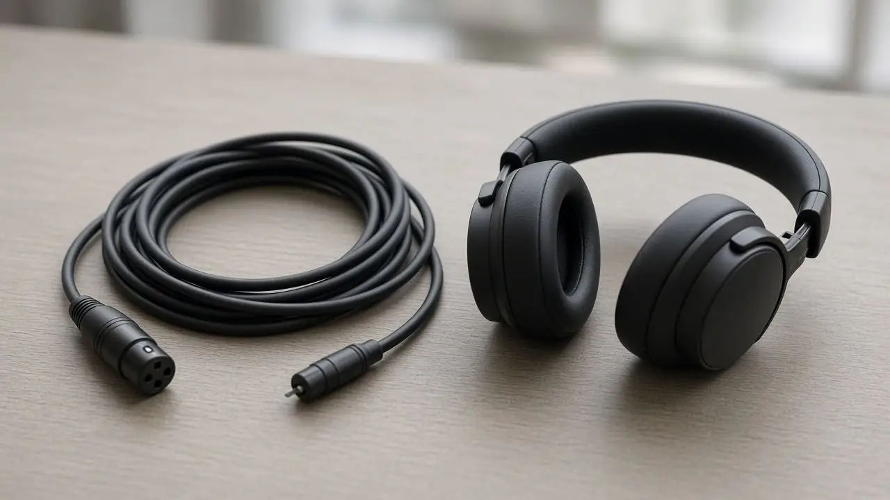 A coil of microphone cable and a closed pair of headphones on a bare table, with no logos, labels, or people.
