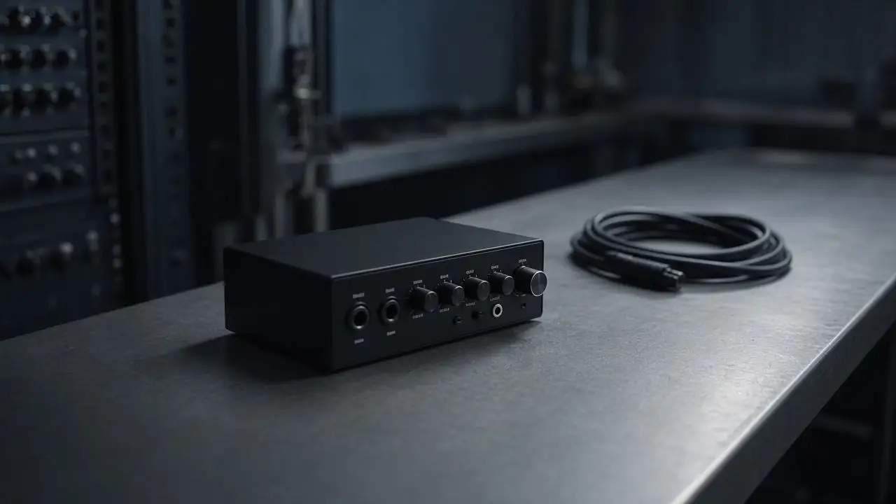 An empty equipment bench with a powered-off audio interface, coiled cable, and no readable display or logos.