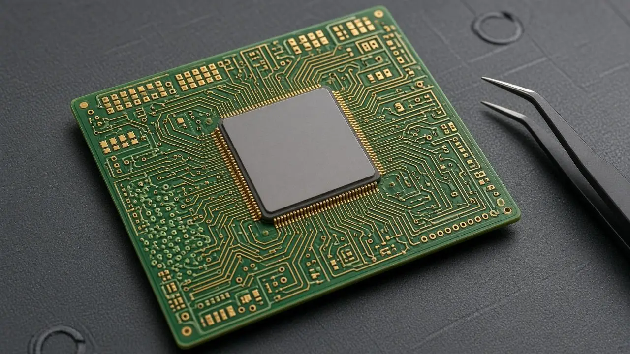 A bare circuit board with an unbranded processor and copper traces on an anti-static mat beside tweezers, with no readable markings.