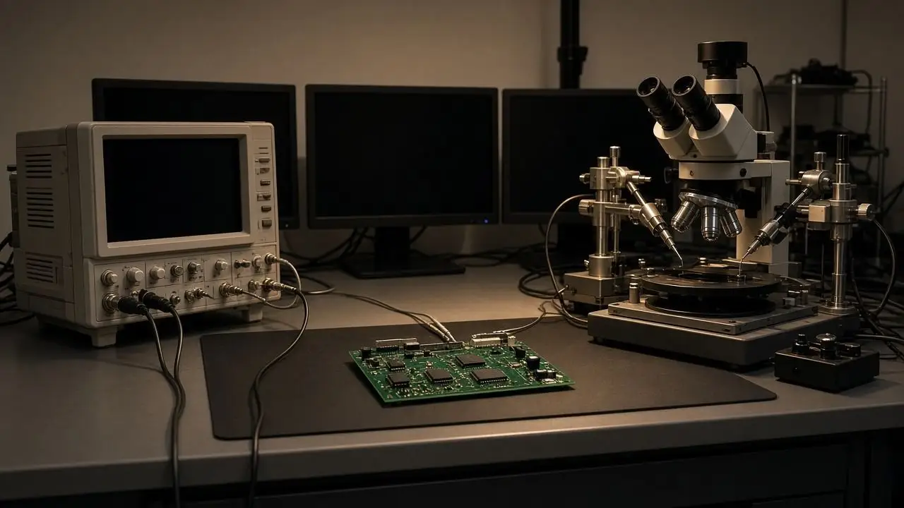 An empty lab bench with an oscilloscope, a probe-station microscope and a test board, with dark monitors and no people.