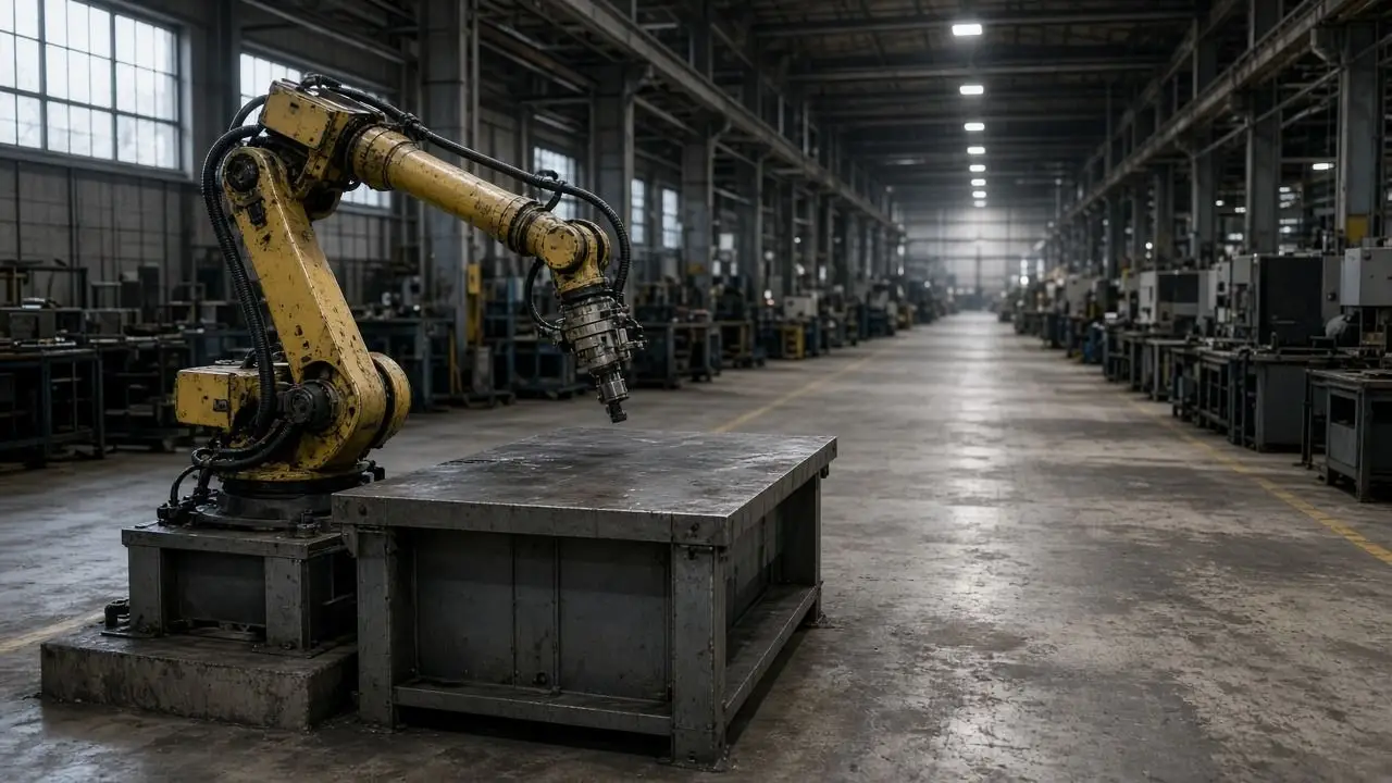 An empty factory aisle with a stationary robotic arm, a workbench, and no people, logos, or readable labels.