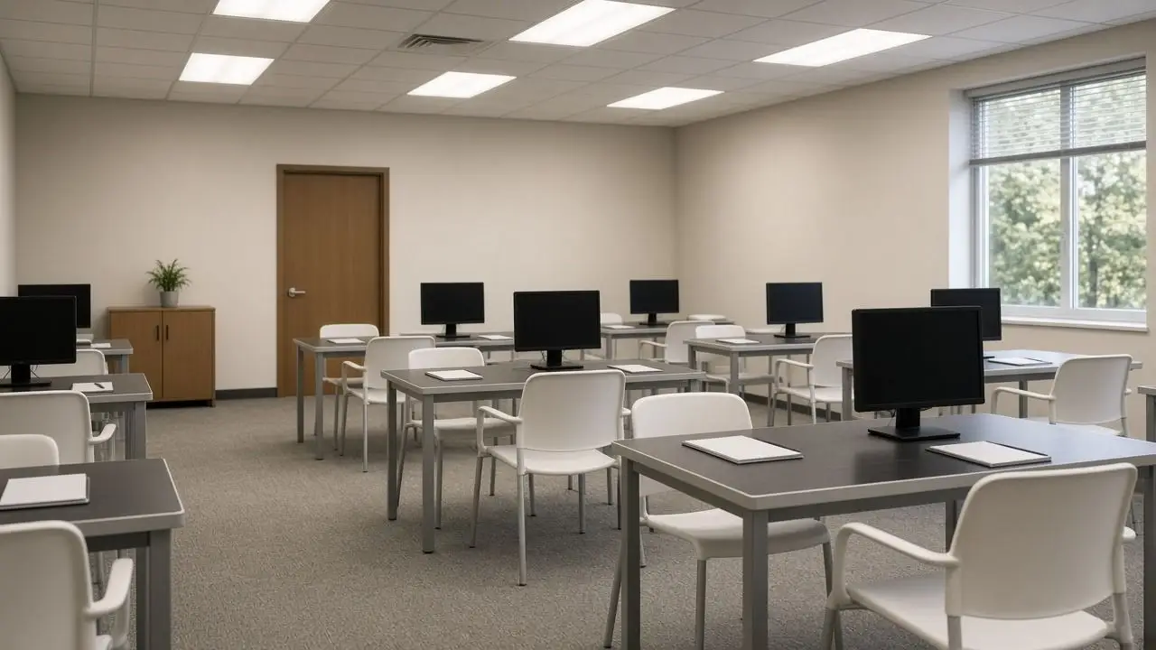 A public training room with empty chairs, closed notebooks, and monitors that are off, and no readable screens or people.