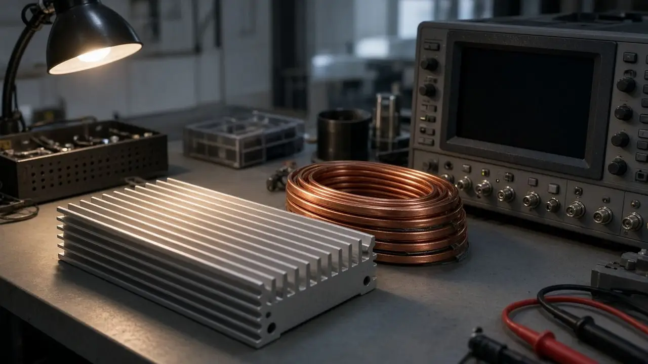 A power-electronics lab bench with a heatsink, coiled copper bus bars, and a dark oscilloscope, and no people or brand marks.