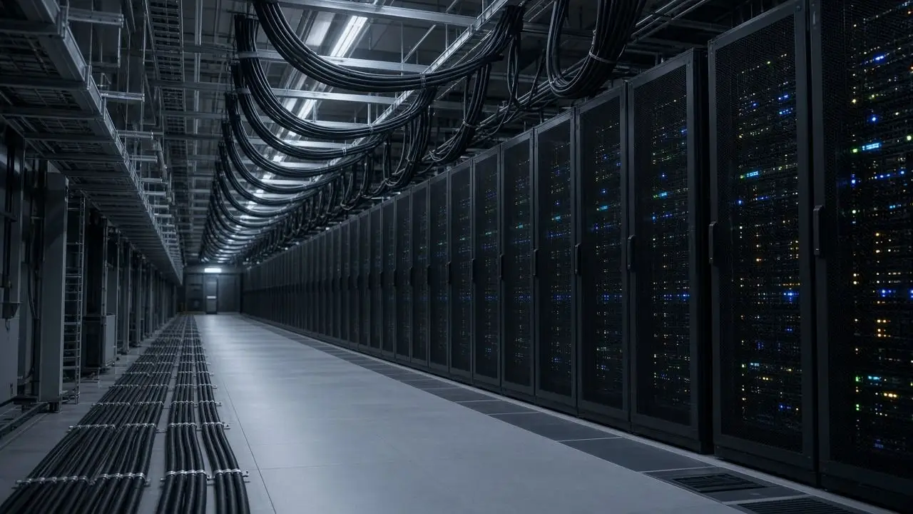 An empty data-hall aisle with power whips and bus bars along the floor, photographed with no people and no readable rack labels.