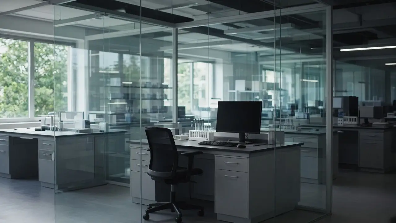 A powered-off workstation in a glass-walled lab, the screen black, with no people, logos, or readable labels.