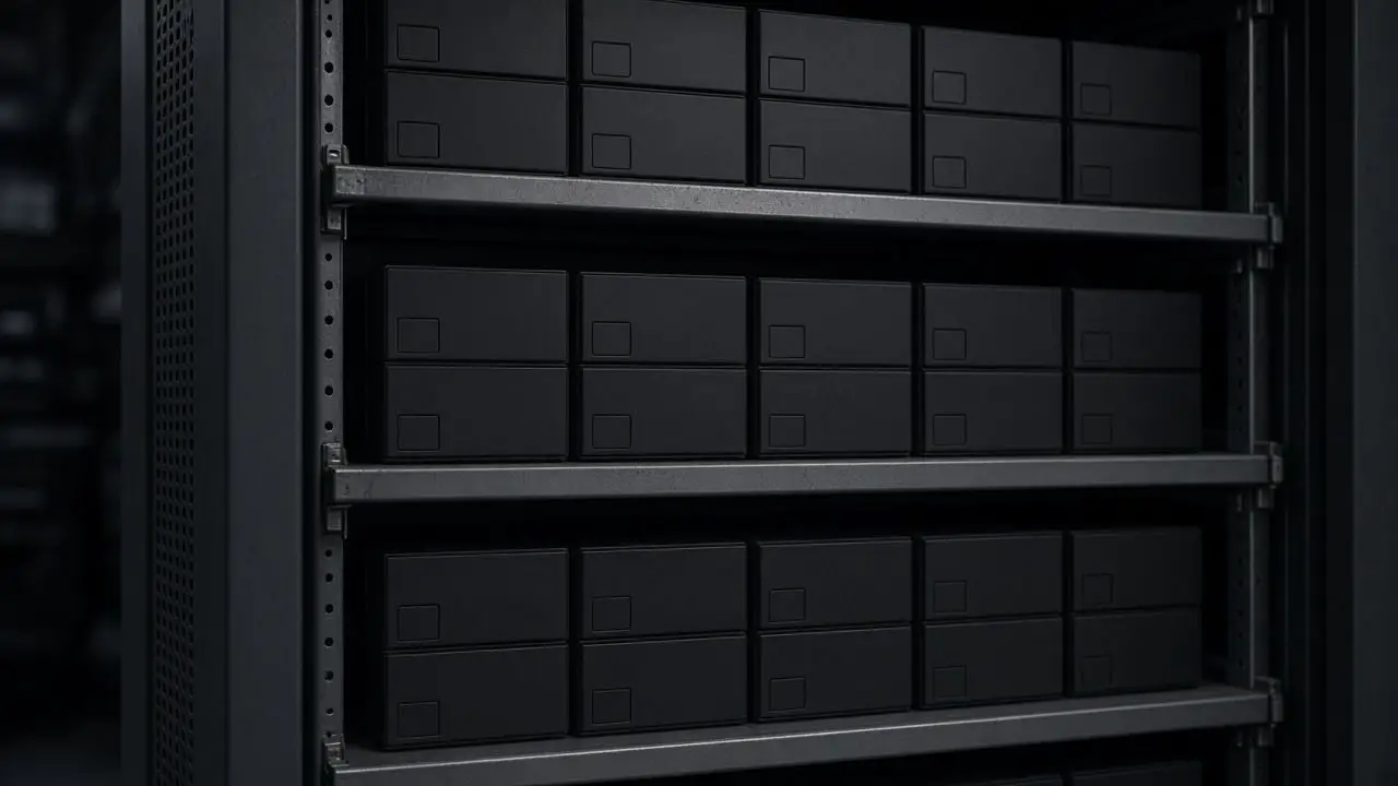 A row of unlabeled server disks on an open shelf, status lights dark, with no people, logos, or readable asset tags.
