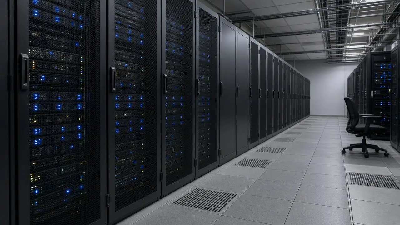 A server room aisle with blue status lights and an empty rolling chair, shot with a wide lens.