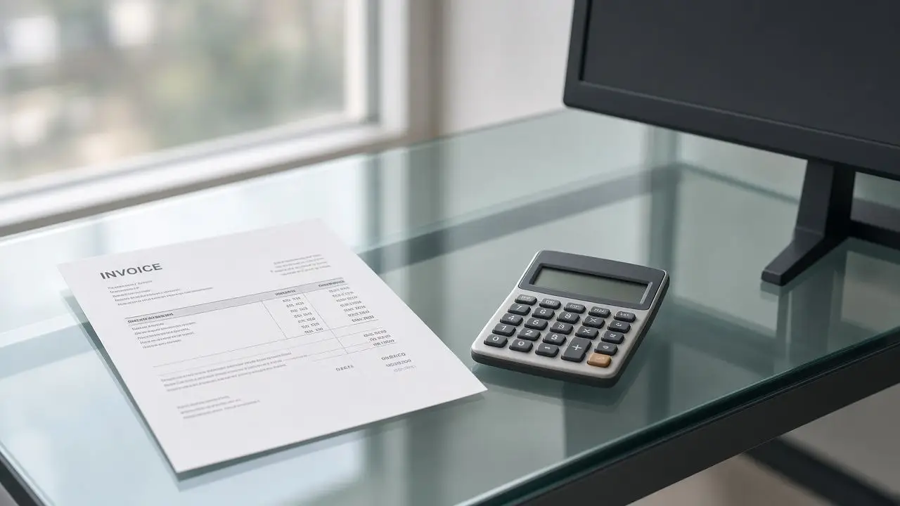 A printed invoice and a calculator on a glass desk beside a dark monitor, with no readable company names.