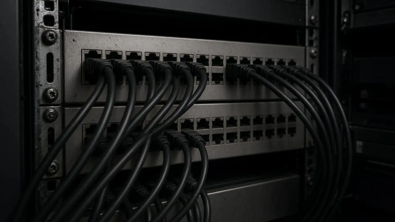 Black network cables plugged into an unlabeled metal panel in a rack, with no people, logos, or readable tags.