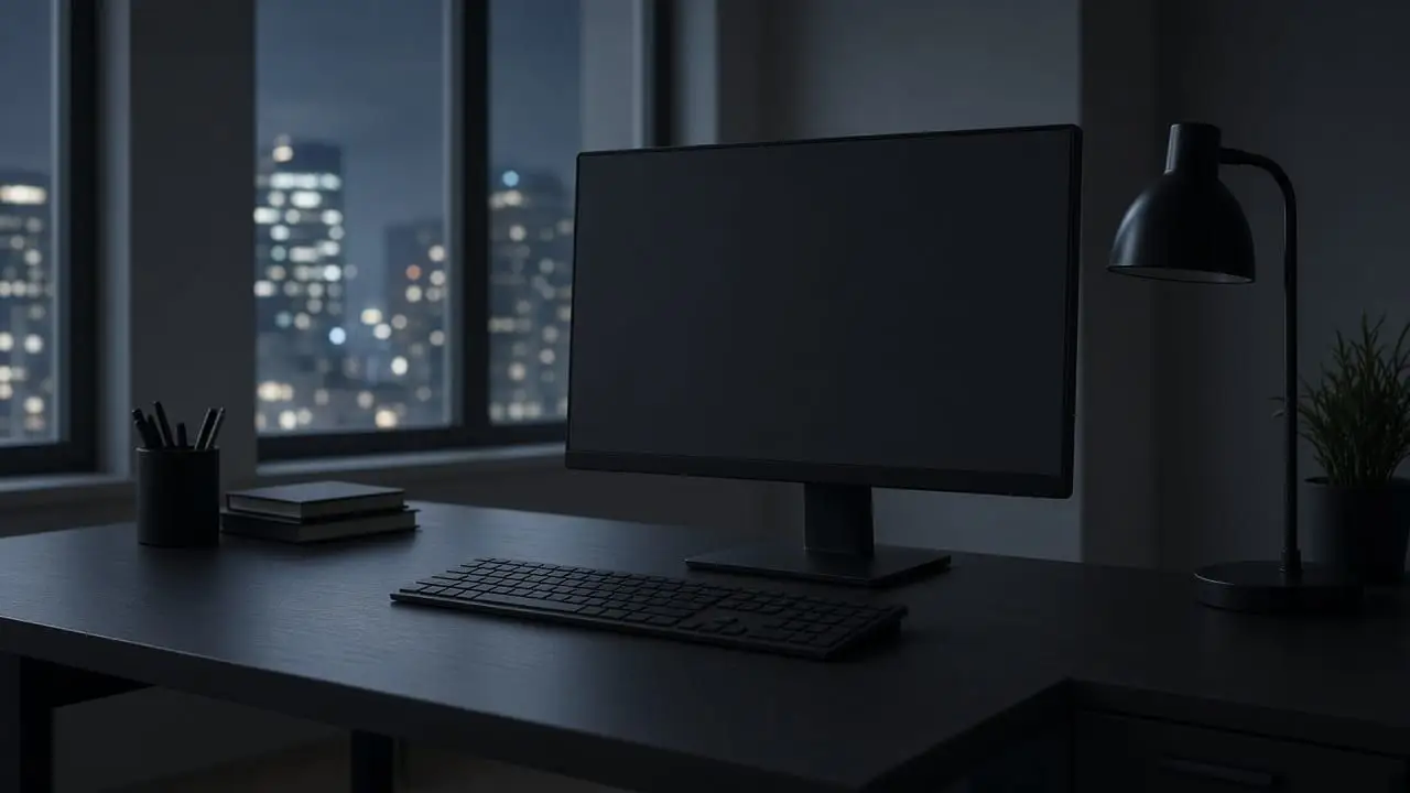 A powered-off monitor and a plain keyboard on an empty desk at night, with no people, logos, or readable screens.