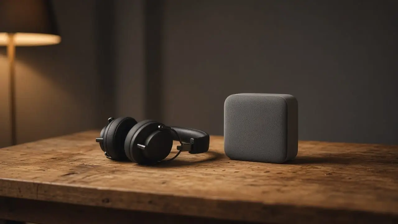 Closed headphones and a plain gray speaker on a wood table, with no people, logos, or readable marks.