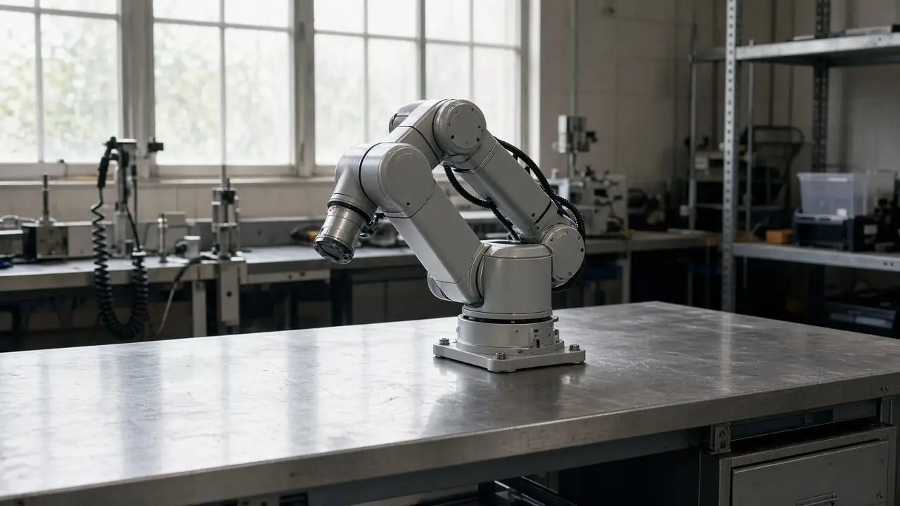 A small unbranded robot arm folded on a steel bench in an empty lab, with no people, logos, or readable screens.