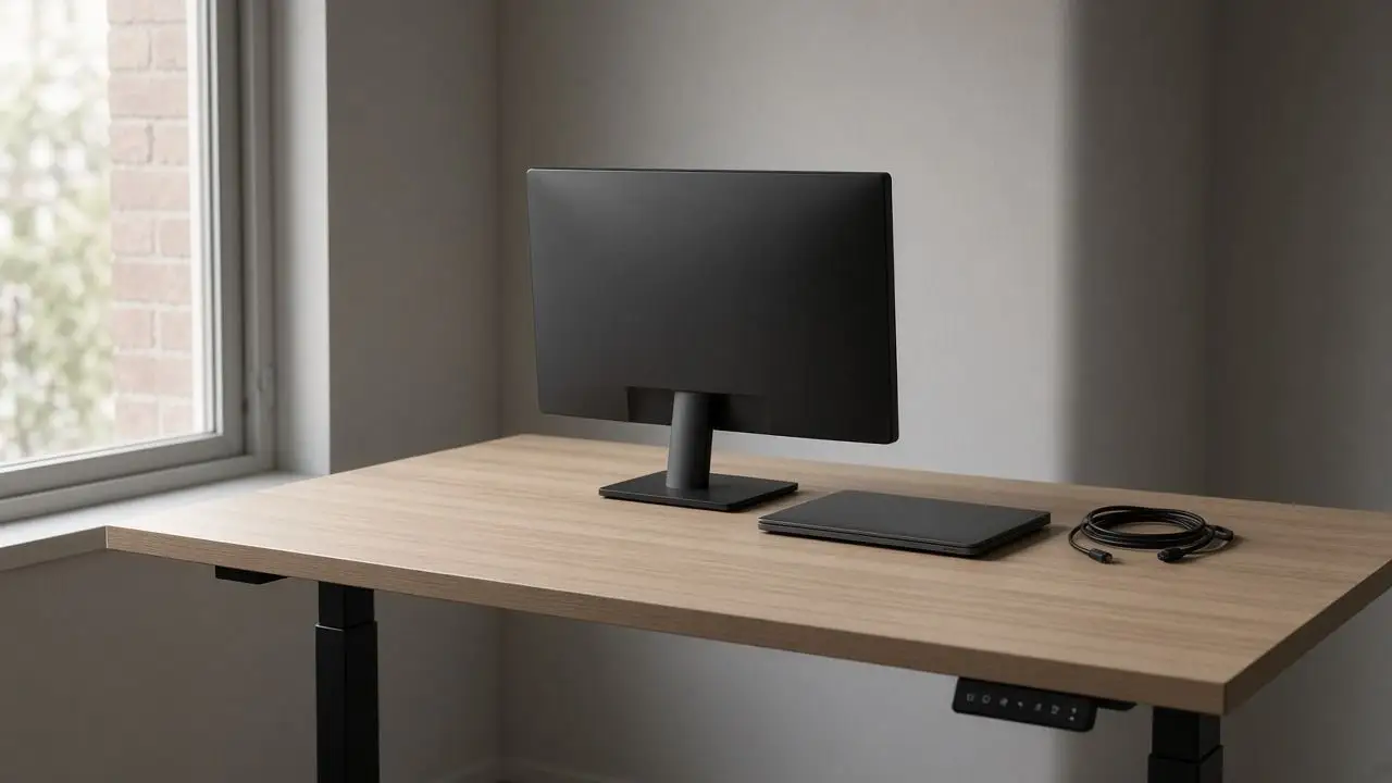 A dark monitor and a closed laptop on a standing desk, cables unplugged, with no people, logos, or readable screens.