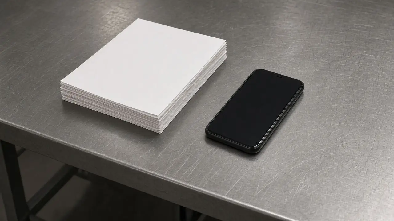A printed checklist face-down on a steel table beside a powered-off phone, with no readable text, logos, or people.