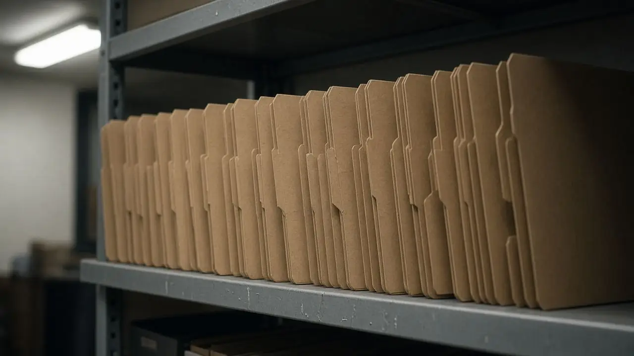 A row of closed manila folders on a metal shelf, labels turned away, in an empty file room, with no people, seals, or readable text.