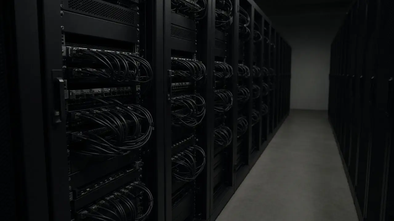 Unmarked server racks in a dim corridor, cables bundled, status lights off, with no people, logos, or readable labels.