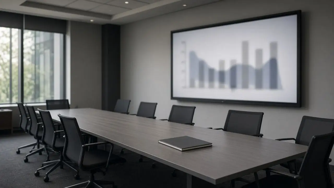 A seminar table with empty chairs, a closed notebook, and a wall screen showing an out-of-focus chart with no readable words.