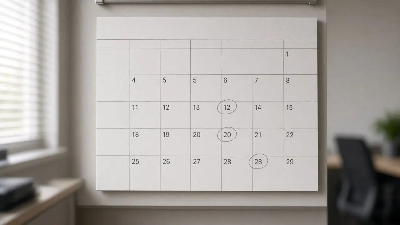 A wall calendar in an empty office with a few blank days circled in pencil, and no writing that names a person or company.