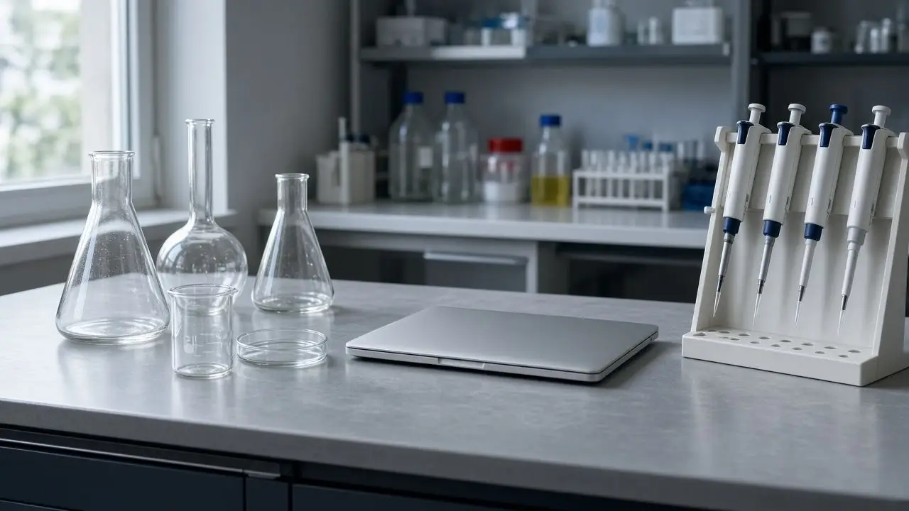 Laboratory glassware and a closed laptop on a bench in a quiet biology lab, with no people and no readable labels.