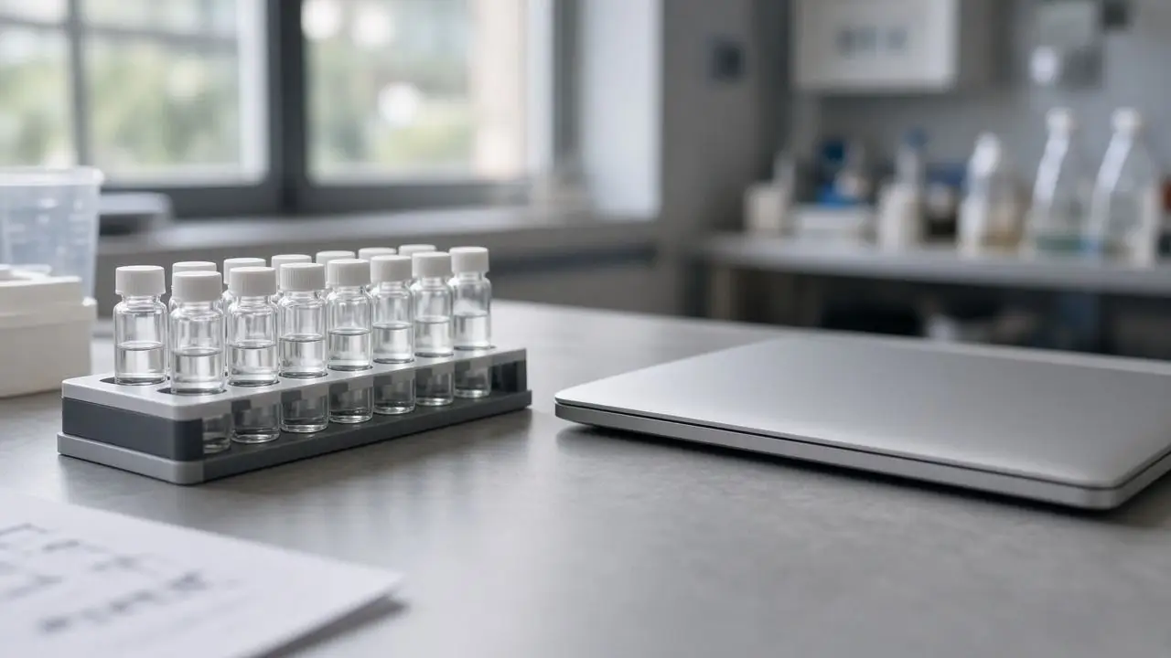 A rack of unlabeled sample vials beside a closed laptop on a lab bench, with no readable markings or people.