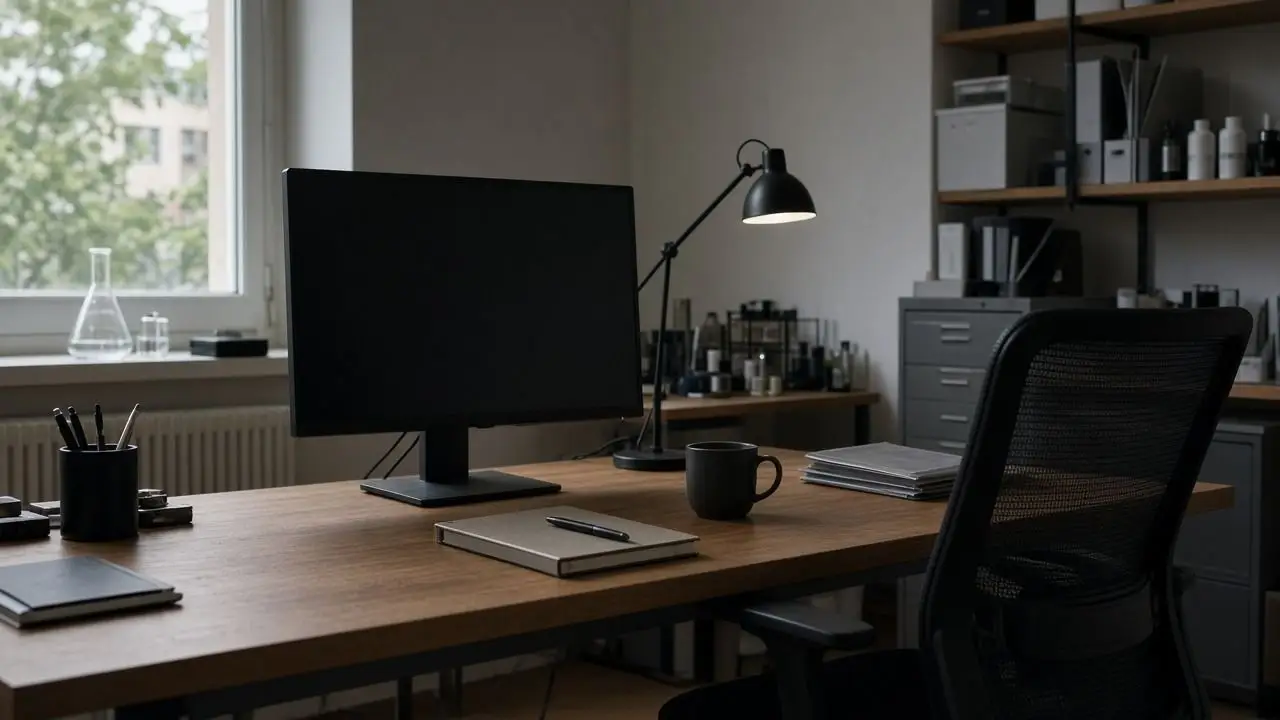 An empty computer desk in a lab office, the monitor dark, a notebook shut, and no people or readable screens.