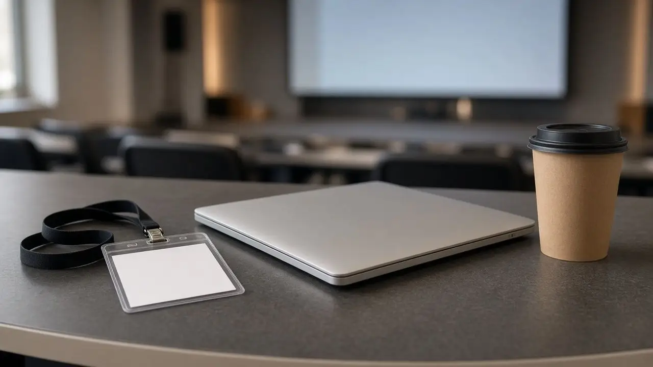 A conference badge and a closed laptop on a cafe table, with a blurred stage screen in the background and no readable names.