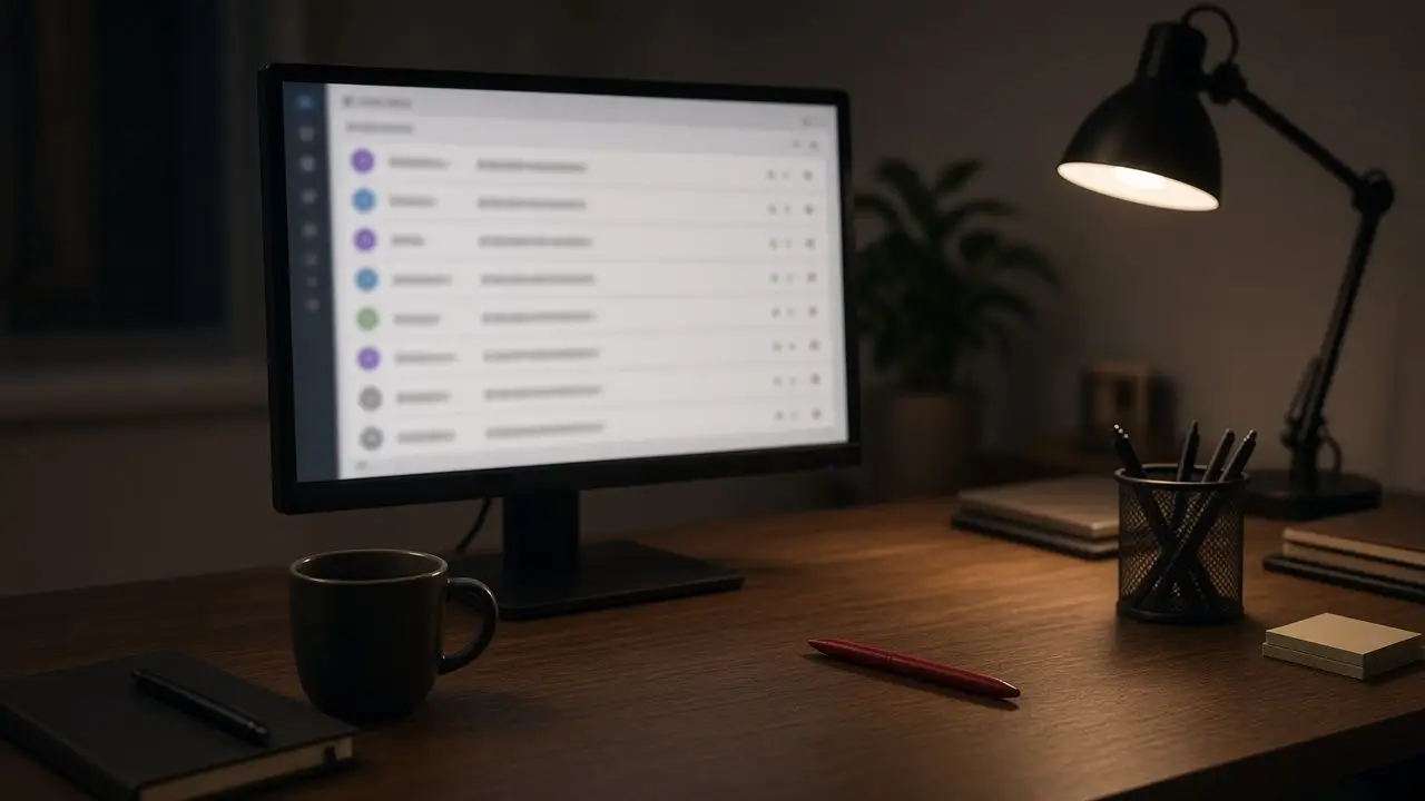 A maintainer’s desk with a pull-request list blurred on a screen, a red pen, and a mug, and no person in the frame.