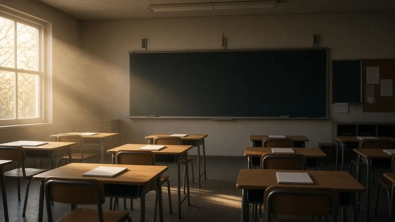 An empty classroom with a clean chalkboard, closed notebooks, and no people, flags, or readable writing.
