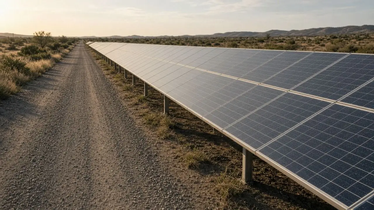 A row of unmarked solar panels beside an empty access road, in late daylight, with no logos, flags, or readable signs.