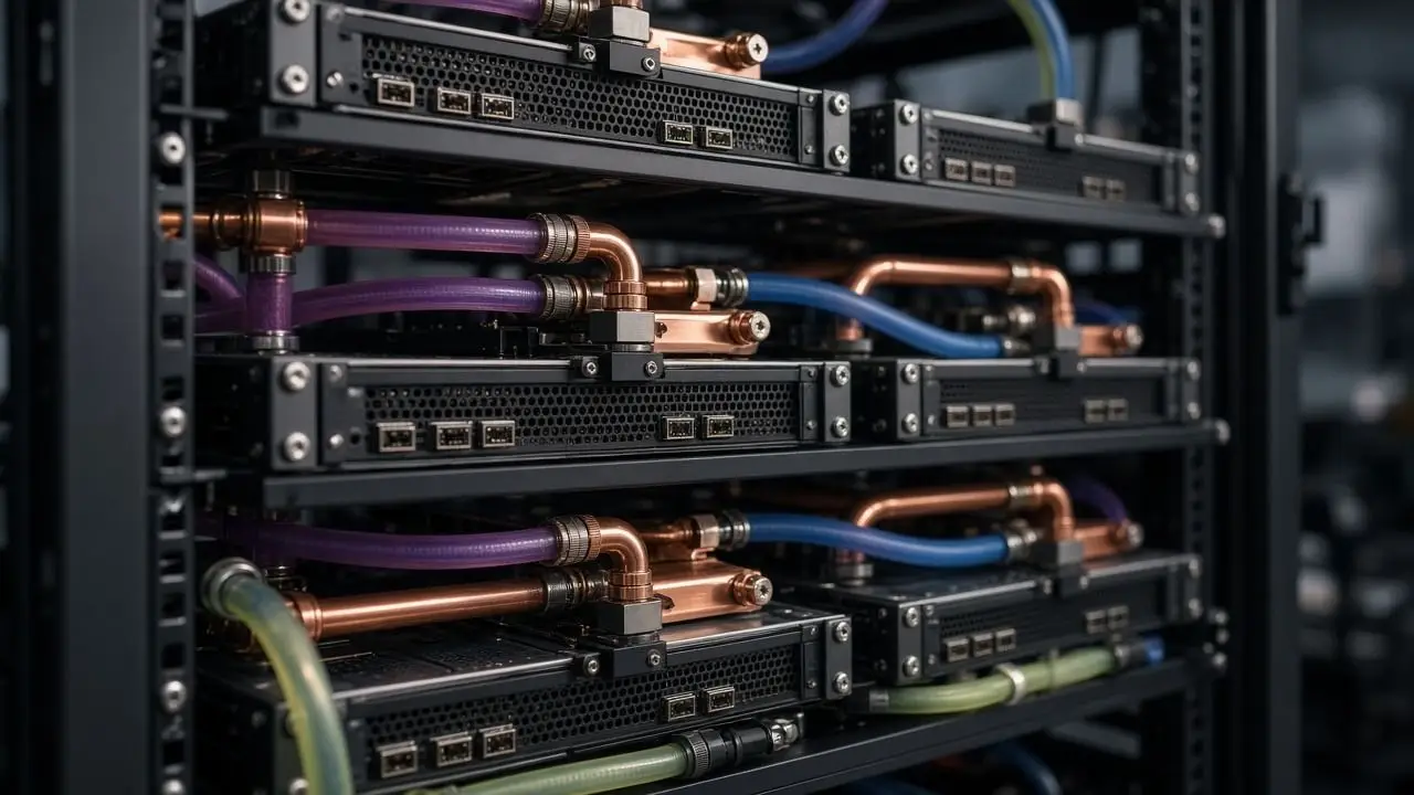 Liquid-cooled server trays in an open rack with copper pipes and coloured hoses, with no people, logos, or readable text.
